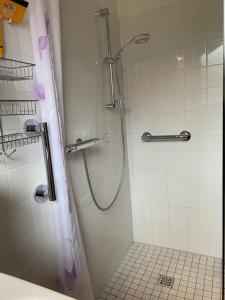 a bathroom with a shower with a shower curtain at Ferienwohnung Zur Heide in Rheine