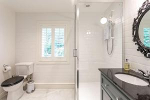 W łazience znajduje się toaleta, umywalka i lustro. w obiekcie The Stable - cottage with a spectacular lake view w mieście Port of Menteith