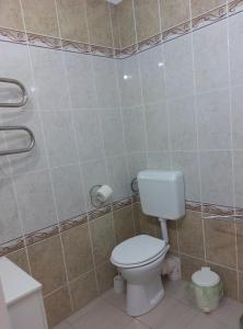 a bathroom with a toilet and a tiled wall at Apartmancentrum in Gyula