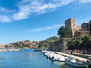 Grupa łodzi zacumowanych w porcie obok zamku w obiekcie Villa confort et cosy 20 minutes d'Espagne w mieście Plage dʼArgelès