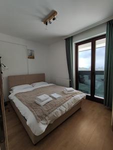 a bedroom with a large bed with a large window at Vila Akva in Jahorina