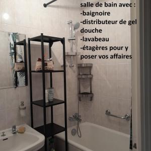 La salle de bains est pourvue d'une douche, d'un lavabo et d'une baignoire. dans l'établissement chambre dans une colocation, à Rennes