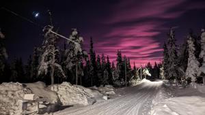 uma estrada coberta de neve à noite com um céu roxo em Lapland Snow Cabin em Masugnsbyn