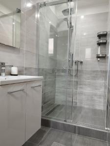 a bathroom with a shower with a glass door at Ubytování v Žimrovicích in Hradec nad Moravici