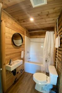 a bathroom with a toilet and a sink and a tub at Chute Lake Lodge in Naramata