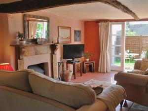 a living room with a couch and a fireplace at Stable End in Halesworth