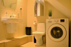 a bathroom with a washing machine and a sink at Apartament Starówka in Tuchola +3 photos