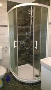 a shower with a glass door in a bathroom at Rooms & Apartments Blue Beach in Vodice +64 photos