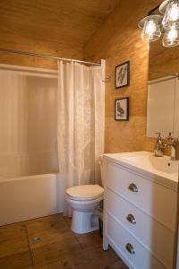 a bathroom with a toilet and a sink and a tub at Chute Lake Lodge in Naramata