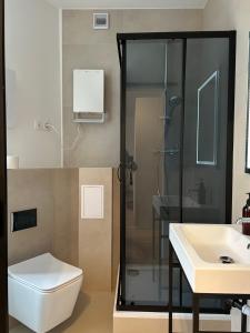 a bathroom with a shower and a toilet and a sink at Piotrkowska 277 z bezpłatnym parkingiem in Łódź
