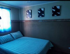 a bedroom with a bed with a blue comforter and a window at Cabaña Agapanto Azul in Constanza