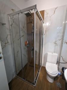 a bathroom with a shower and a toilet at Kouriton apartment is an ideal place to relax in Gouves