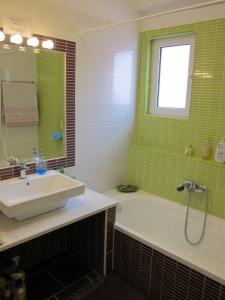 een badkamer met een wastafel, een douche en een bad bij Villa with spectacular view in Xylokastron