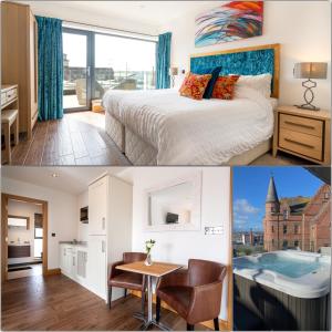 a hotel room with a bed and a view of a building at Antrim House Suites with private jacuzzi hot tub - adults only in Portrush