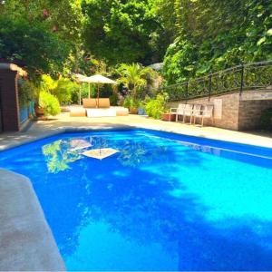 - une grande piscine d'eau bleue dans la cour dans l'établissement Hotel La Ceiba, à Chiapa de Corzo