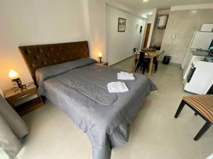 een slaapkamer met een bed en een woonkamer bij Terrazas 2002 Confortable Monoambiente in Salta