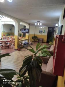 una hall con una pianta al centro di una stanza di Hostal puerta del sol a Quito