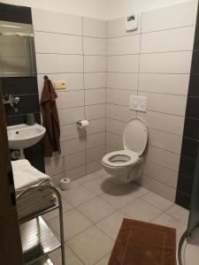 y baño con aseo y lavamanos. en Penzion U Klujů, en Věstín