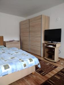 a bedroom with a bed and a flat screen tv at Dom pod Tatrami. in Veľký Slavkov