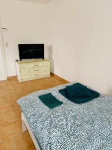 ein Schlafzimmer mit einem Bett und einem TV auf einer Kommode in der Unterkunft Knuffige Ferienwohnung im Herzen von Haiger in Haiger