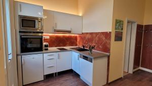 kuchnia z białymi szafkami i kuchenką mikrofalową w obiekcie Apartmán U kolonády w Mariańskich Łaźniach