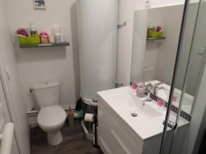 La salle de bains blanche est pourvue de toilettes et d'un lavabo. dans l'établissement chez Mirka 2 chambres, à Criel-sur-Mer