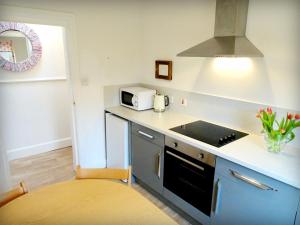 eine Küche mit einer Arbeitsplatte und einer Mikrowelle in der Unterkunft The ‘Servants Quarters@Delny House’ in Invergordon