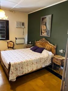ein Schlafzimmer mit einem Bett und einem Wandgemälde in der Unterkunft Alquilo casa quinta in Pocito