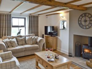 a living room with a couch and a fireplace at Gwar Nant Cottage in Ystrad-ffin
