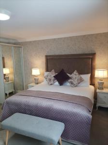 a bedroom with a large bed and two lamps at Kingfisher Lodge in Killarney