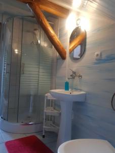 een badkamer met een wastafel en een douche bij Zacisze in Warpuny