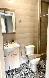 a bathroom with a toilet and a sink and a mirror at Chrysal Cozy Apartment in Ioannina