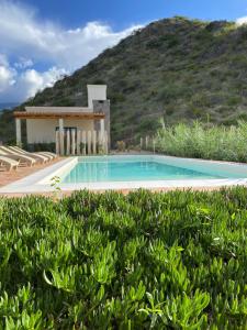 a house with a swimming pool in front of a mountain at Complejo Los Olivos in Cafayate