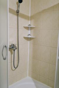 a shower with a shower head in a bathroom at LK Apartment in Rēzekne