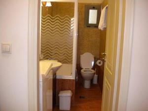 een kleine badkamer met een toilet en een wastafel bij IRIDA VILLA in Ayia Evfimia