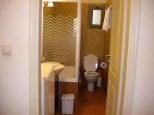 a small bathroom with a toilet and a sink at IRIDA VILLA in Ayia Evfimia