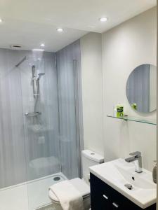 a bathroom with a shower and a toilet and a sink at The Morley in Torquay