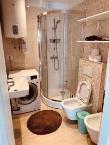 uma casa de banho com um chuveiro, um WC e um lavatório. em Blue Sky em Koper