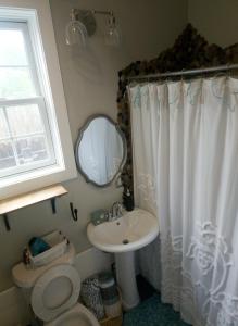 uma casa de banho com um lavatório, um WC e um espelho. em Hidden Gem Guest House em Panama City Beach