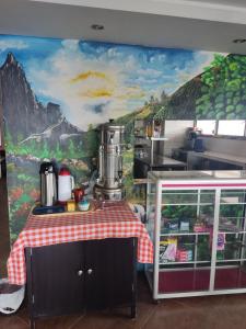 eine Küche mit einem Tisch und Wandmalereien in der Unterkunft Hotel Bolivariano in Ibagué