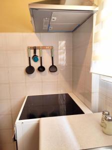 a kitchen with a sink and utensils on the wall at Elia Studio in Athens