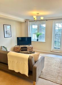 a living room with a couch and a television at 2 Bed Serviced Apartment with Balcony, Free Parking, Wifi & Netflix in Basingstoke in Basingstoke