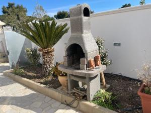 un forno in pietra in un cortile con una pianta di Villa Tonia a San Pietro in Bevagna