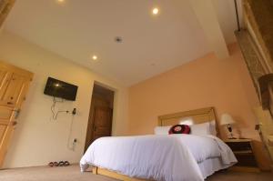 a bedroom with a bed and a tv on the wall at Arcadian 3Skies Gupis in Gupis