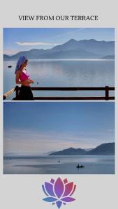 a woman sitting on a bench near the water at Apartmani Konoba Starčevo in Virpazar