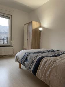ein weißes Schlafzimmer mit einem Bett und einem Fenster in der Unterkunft APPARTEMENT entier à ARTEM - Proche de Nancy Thermal in Nancy