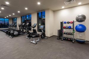 a gym with rows of exercise bikes and weights at Residence Inn Minneapolis Maple Grove/Arbor Lakes in Maple Grove