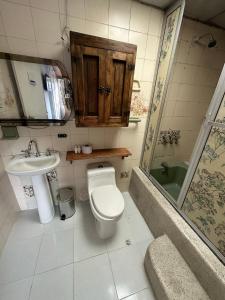 La salle de bains est pourvue de toilettes, d'un lavabo et d'une douche. dans l'établissement H&L BOUTIQUE, à Bogotá