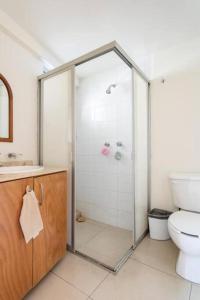 y baño con ducha y aseo. en Habitación con baño privado, en Ciudad de México