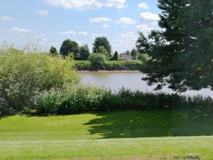 a body of water with grass and trees and bushes at Riverbank Cottage in Althorpe